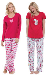 Models wearing Be Mine Pajamas and Snoopy's Valentine Pajamas. image number 0
