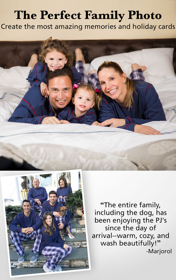 Families wearing Snowfall Plaid matching family pajamas. Headline: The Perfect Family Photo - Create the most amazing memories and holiday cards. Customer quote: "The entire family, including the dog, has been enjoying the PJs since the day of arrival" image number 3