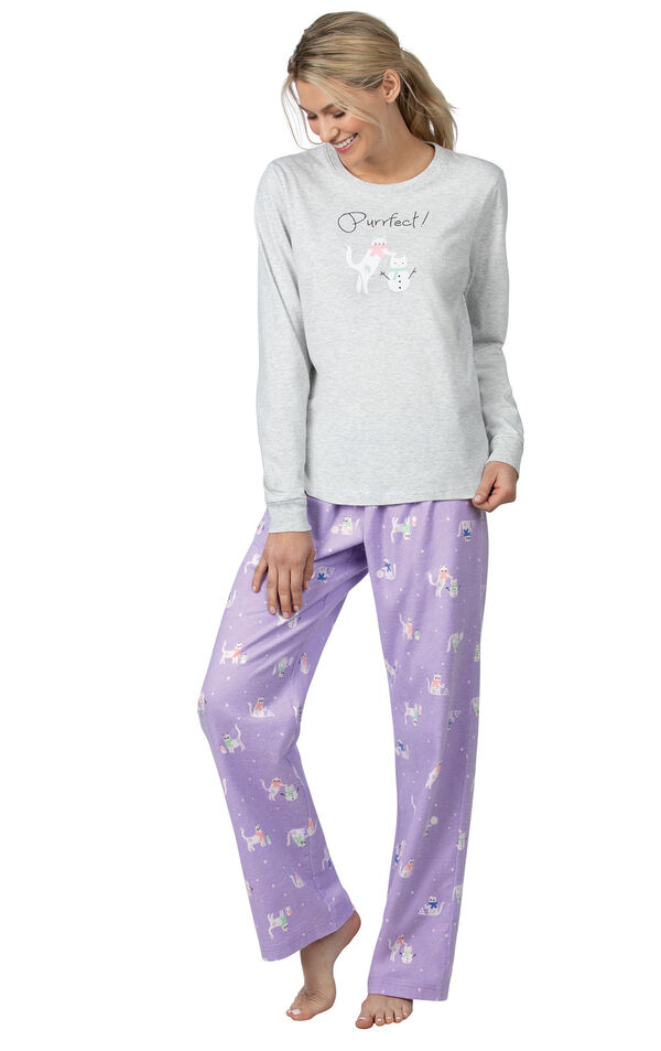 Model wearing Purple Cat Print PJ with Graphic Tee for Women image number 0