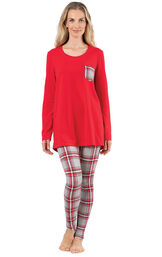 Model wearing Long Sleeve and Legging Pajamas - Red Plaid image number 2