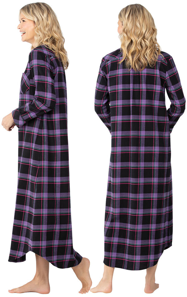 Model wearing Black and Purple Plaid Gown for Women, facing away from the camera and then to the side image number 1
