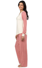 Model wearing Whisper Knit Henley Pajamas - Red Print, facing to the side image number 2
