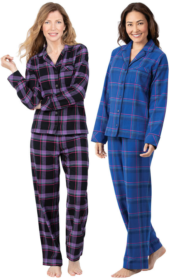 Models wearing Blackberry Plaid Boyfriend Flannel Pajamas and Indigo Plaid Flannel Boyfriend Pajamas. image number 0