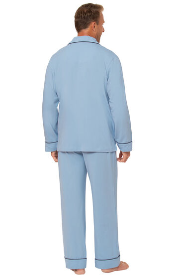 Model wearing Light Blue Button-Front PJ for Men, facing away from the camera