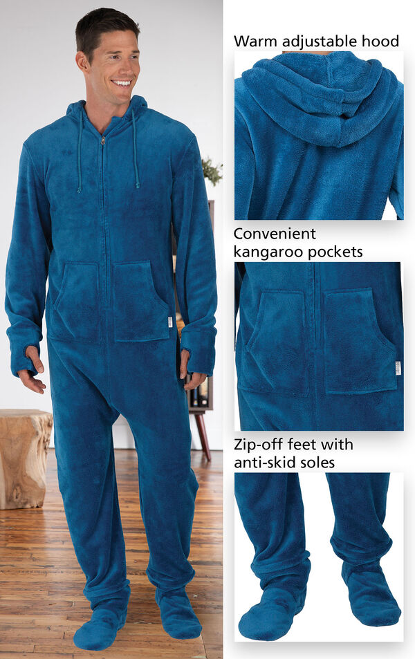 Close-ups of the features of Hoodie Footie™ for Men - Blue which include a warm adjustable hood, convenient kangaroo pockets and zip-off feet with anti-skid soles image number 2