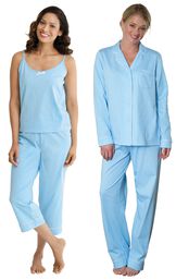 Models wearing Classic Polka-Dot Capri Pajamas - Blue and Classic Polka-Dot Boyfriend Pajamas - Blue. image number 0