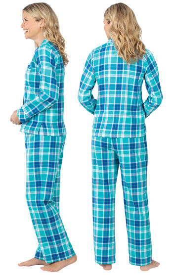 Model wearing Green and Blue Bright Plaid Button-Front PJ for Women, facing away from the camera and then to the side
