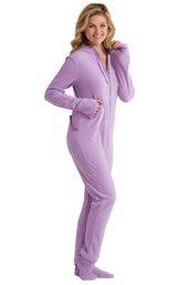 Model wearing Lavender Sneak-a-Peek Hoodie-Footie with her hands in the kangaroo pockets image number 1