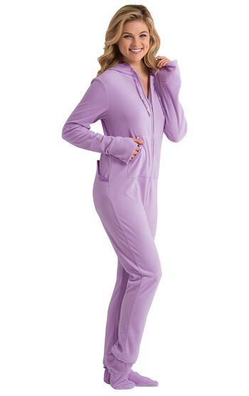 Model wearing Lavender Sneak-a-Peek Hoodie-Footie with her hands in the kangaroo pockets