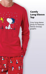 Close-up of the Red graphic top of Snoopy Men's PJs with the following copy: Comfy Long-sleeve top - cozy long sleeve jersey PJ features a festive Snoopy graphic image number 2