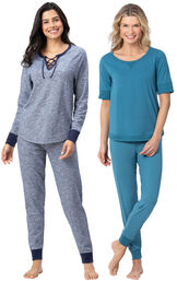 Models wearing Addison MeadowJogger PJs - Blue and Addison MeadowWhisper Knit Joggers - Teal image number 0