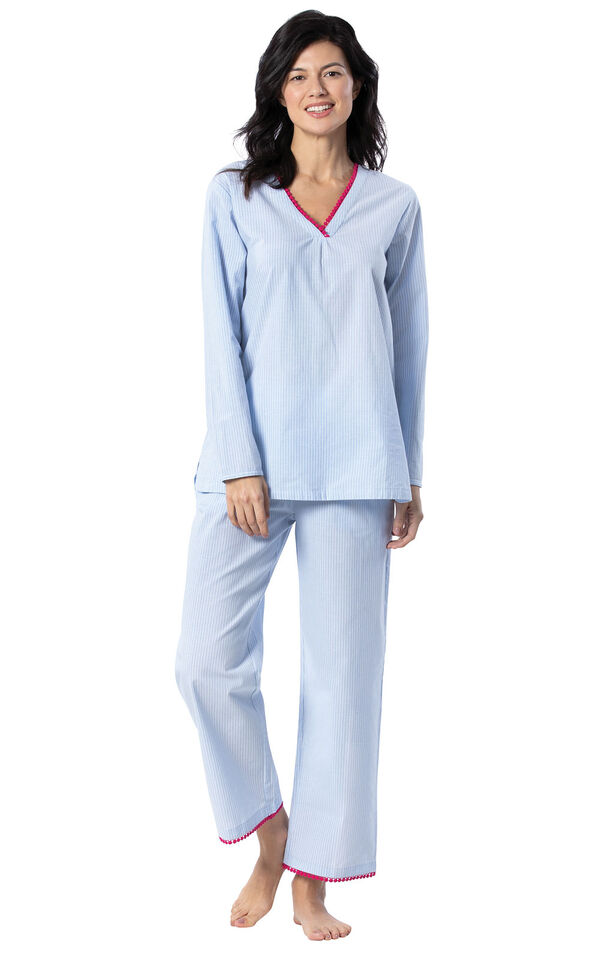 Model wearing Blue and White Stripe PJ with Pink Trim for Women image number 0