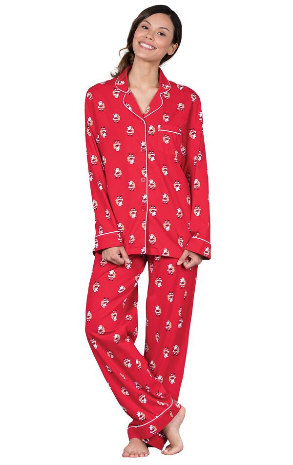 Model wearing Red Santa Print Button-Front PJ for Women image number 0