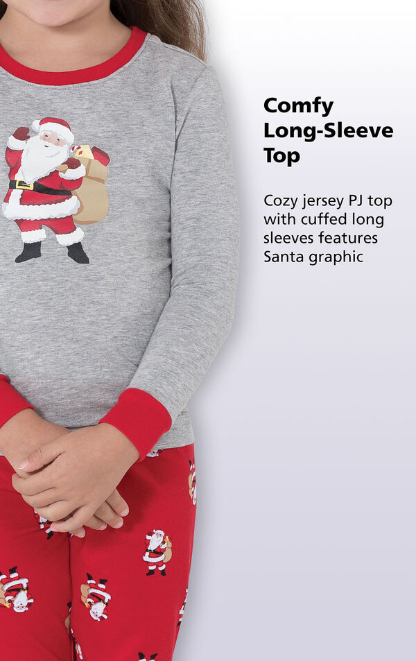 Close-up of St. Nick PJs Comfy Long-Sleeve Top with the following copy: Cozy jersey PJ top with cuffed long sleeves features Santa Graphic image number 3