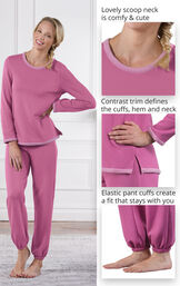 Close-Ups of World's Softest Jogger PJs features which include a lovely scoop neck, contrast trim that defines the cuffs, hem and neck and Elastic pants cuffs that create a fit that stays with you image number 3
