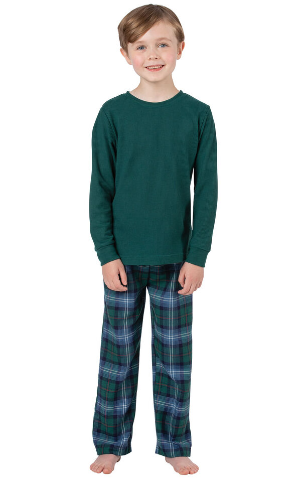 Model wearing Green and Blue Plaid Thermal-Top PJ for Kids image number 0