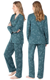 Model wearing Dark Green Floral Print Button-Front PJ for Women, facing away from the camera and then to the side image number 1