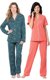 Models wearing Solid Jersey Short-Sleeve Boyfriend Pajamas - Coral and Jersey Boyfriend Pajamas - Green Floral Print image number 0