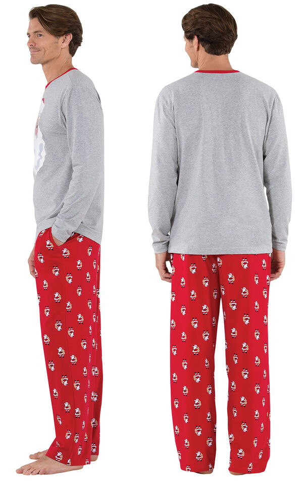Model wearing Red and Gray Santa Print PJ for Men, facing away from the camera and then to the side image number 1