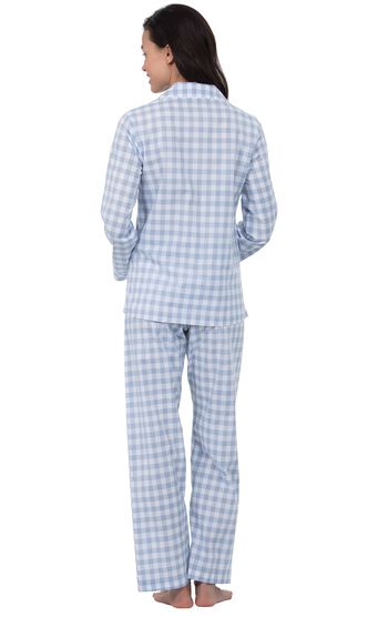 Model wearing Blue and White Gingham Button-Front PJ for Women, facing away from the camera
