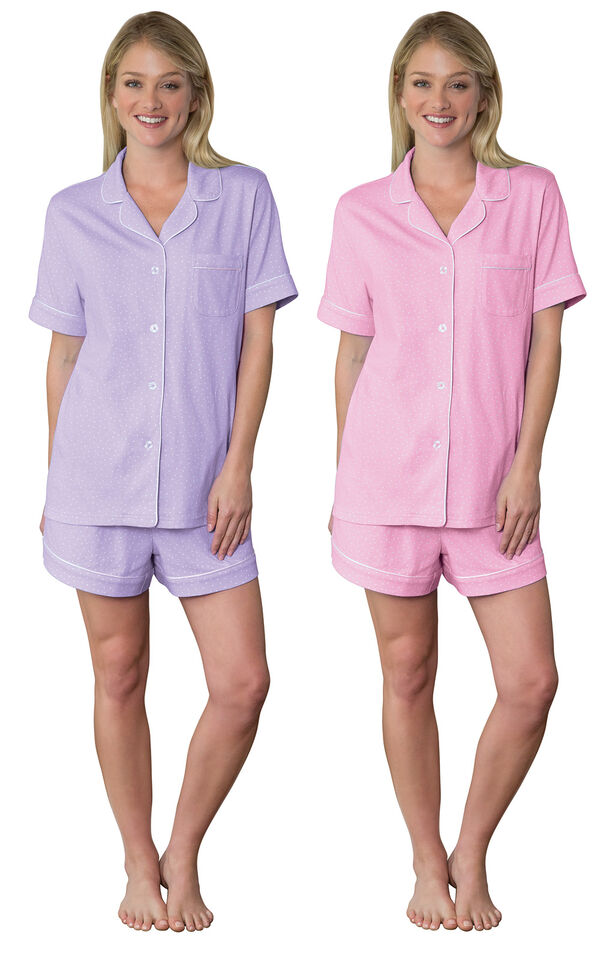 Models wearing Classic Polka-Dot Short Set - Lavender and Classic Polka-Dot Short Set - Pink. image number 0