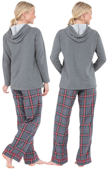 Model wearing Gray Classic Plaid Hoodie PJ for Women, facing away from the camera