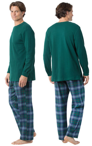 Model wearing Green and Blue Plaid Thermal-Top PJ for Men, facing away from the camera and then to the side