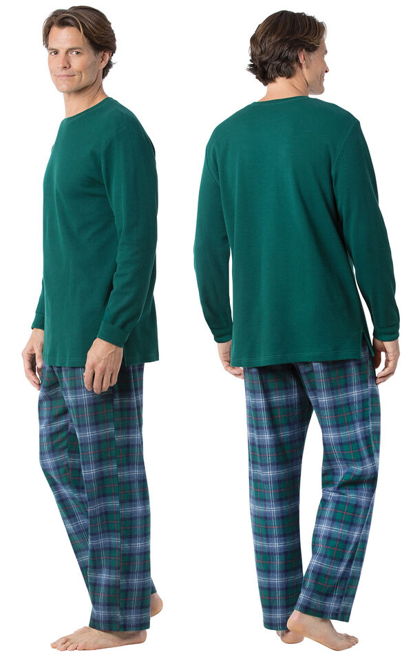 Model wearing Green and Blue Plaid Thermal-Top PJ for Men, facing away from the camera and then to the side image number 1