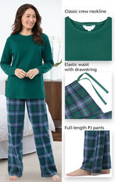 Close-ups of the features of Heritage Plaid Thermal-Top Women's Pajamas which include a classic crew neckline, elastic waist with drawstring and full-length pj pants image number 3