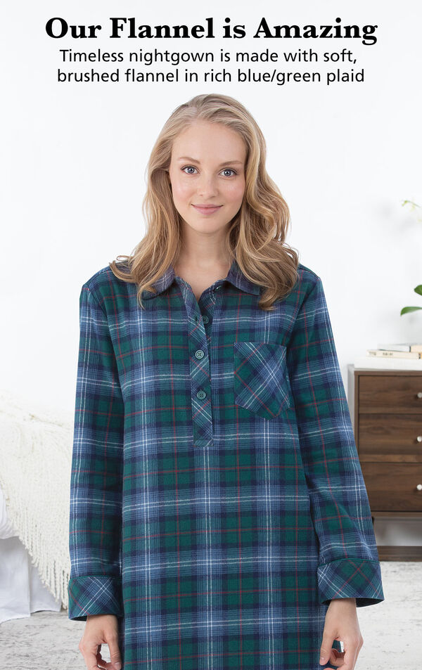 Model wearing Heritage Plaid Nighty by bed with the following copy: Our Flannel is Amazing. Timeless nightgown is made with woven, yarn dyed flannel in rich blue/green plaid image number 2