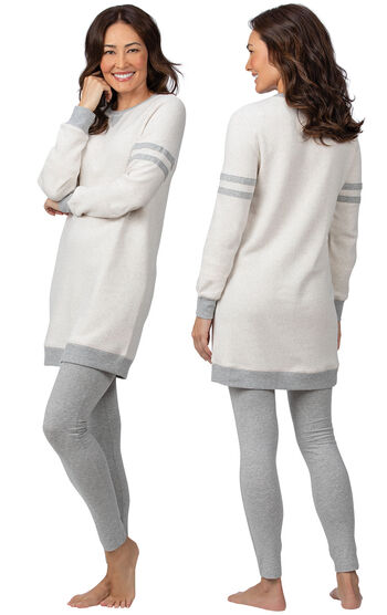 Model wearing Oatmeal Sweatshirt and Leggings Pajama Set for Women, facing away from the camera and then to the side