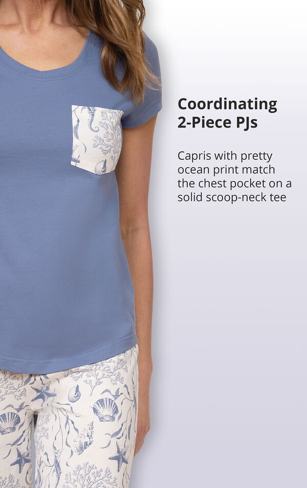 Capris with pretty ocean print match the chest pocket on a solid scoop-neck tee image number 3