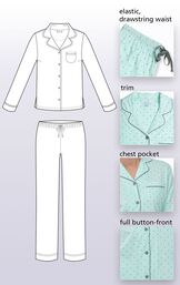 A technical drawing of Classic Polka Dot Pajamas, which features an Elastic, drawstring waist, Trim, Chest Pocket, Full-button front image number 4