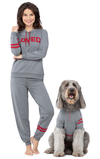 Models wearing I Love Mom and Loved Matching Pet and Owner PJs