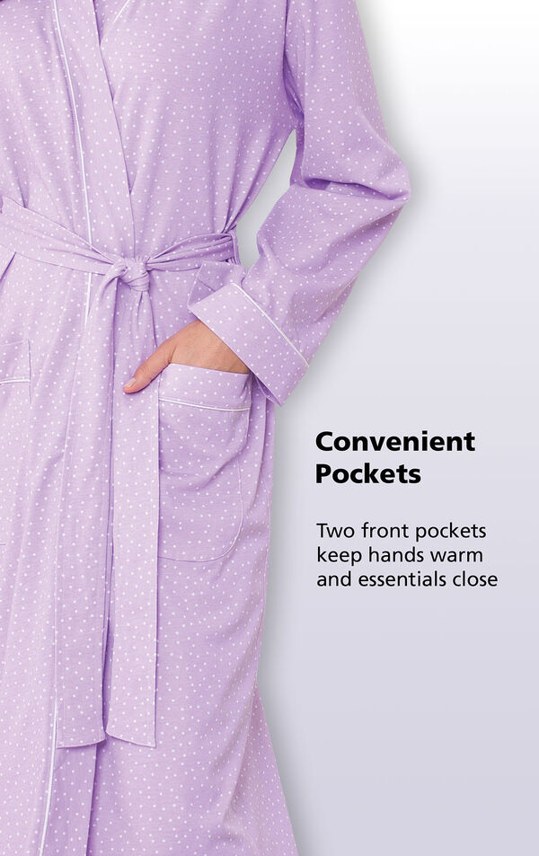 Close-up of Purple Pin Dot Wrap Robe's Convenient Pockets - two front pockets keep hands warm and essentials close image number 2