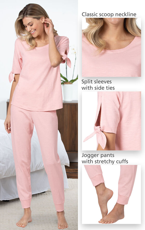 Close-ups of the features of Blush Pink Peekaboo Pajamas such as the classic scoop neckline, split sleeves with side tie and jogger pants with stretchy cuffs image number 3