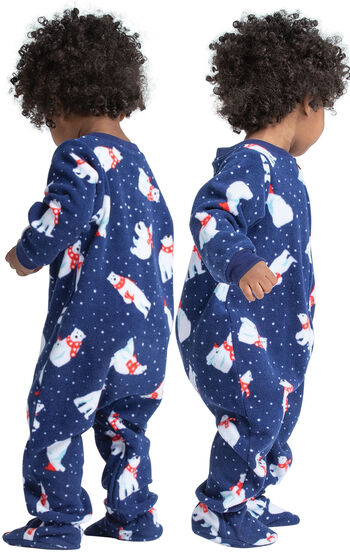 Model wearing Navy Polar Bear Fleece Onesie PJ for Infants, facing away from the camera and then facing to the side