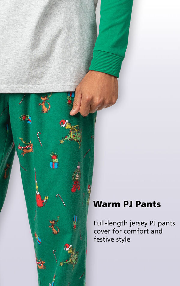 Close-up of Dr. Seuss' The Grinch Men's PJs Green Warm PJ Pants with the following copy: Full-length jersey PJ pants cover for comfort and festive style image number 3