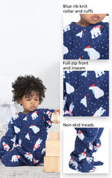 Close-ups of Polar Bear Fleece Infant Onesie features which include a blue rib-knit collar and cuffs, full-zip front and inseam and non-skid treads image number 3
