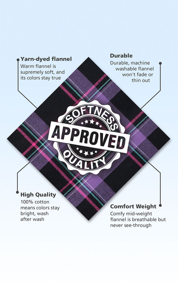Purple and Black plaid fabric swatch with the following copy: Warm flannel is supremely soft. Machine washable flannel won't fade. 100% cotton means colors stay bright. Mid-weight flannel is breathable. image number 4