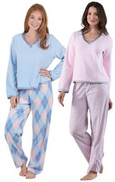 Models wearing Snuggle Fleece Pajamas - Pink Stripe and Snuggle Fleece Argyle Pajamas.