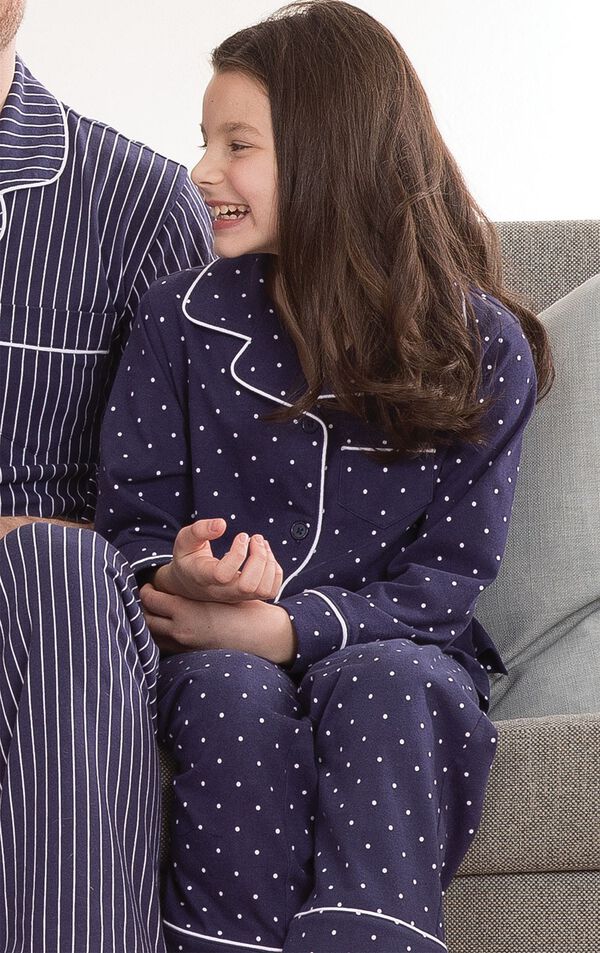 Girls sitting on couch wearing  Navy Blue and White Polka Dot Button-Front PJs image number 2