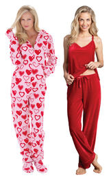 Models wearing Hoodie-Footie - Sweetheart Snuggle Fleece and Velour Cami Pajamas - Ruby. image number 0