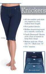 Knickers - All the comfort and style you expect in a fun, modest knee length. Five-pocket details. Hidden drawstring waist for a smooth, custom fit. Comfy Dormisoft Denim with a hint of stretch to keep their shape. Modest mid-rise. Front rise: 9.25", Back image number 2