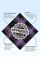 Black and Purple plaid fabric swatch with the following copy: Warm flannel is supremely soft. Machine washable flannel won't fade. 100% cotton means colors stay bright. Mid-weight flannel is breathable. image number 4