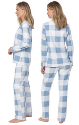 Model wearing Blue Check Flannel Button-Front PJ for Women, facing away from the camera and then to the side image number 1