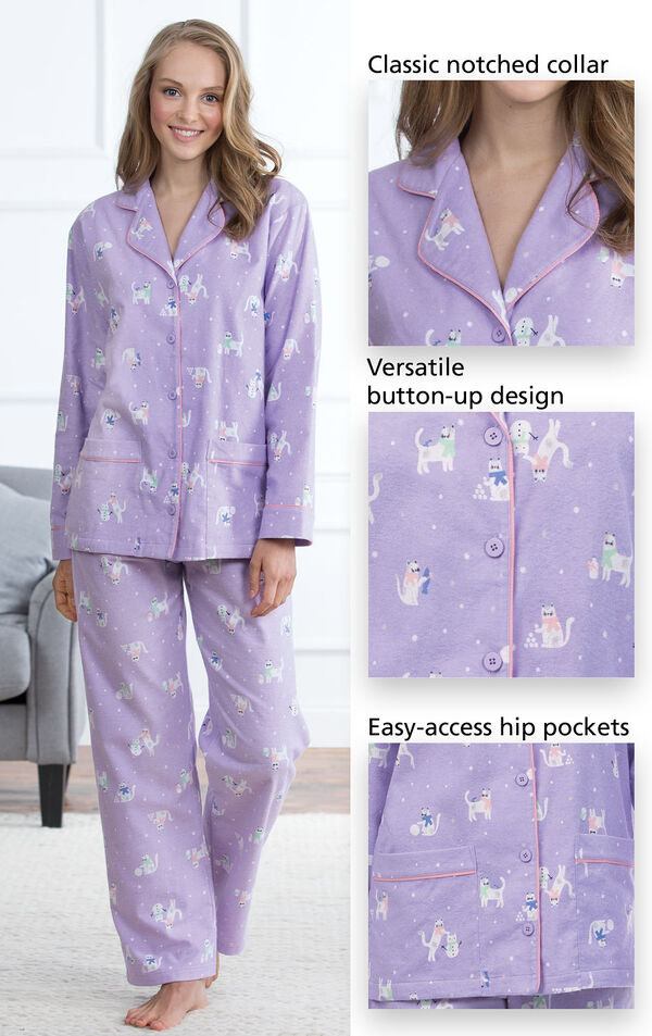 Close up of Purrfect Flannel Boyfriend Pajamas - Purple Details which include a classic notched collar, versatile button-up design and easy-access hip pockets image number 3
