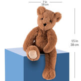 15" Buddy Bear - Slim honey brown bear seated on a blue box with a width measurement of 7 in or 18 cm and and length measurement of 15 in or 38 cm long.  image number 7