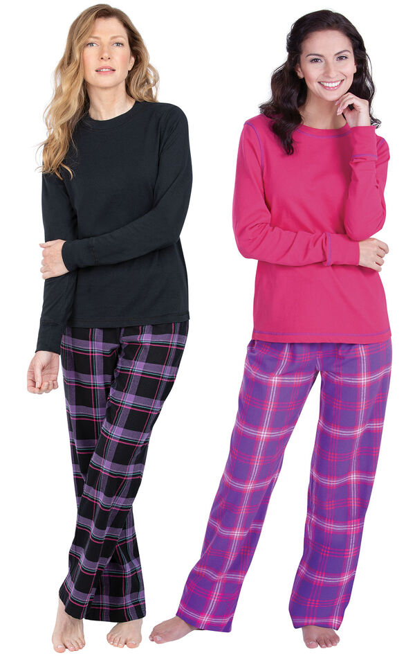 Models wearing Blackberry Plaid Jersey-Top Flannel Pajamas and Raspberry Plaid Jersey-Top Flannel Pajamas. image number 0