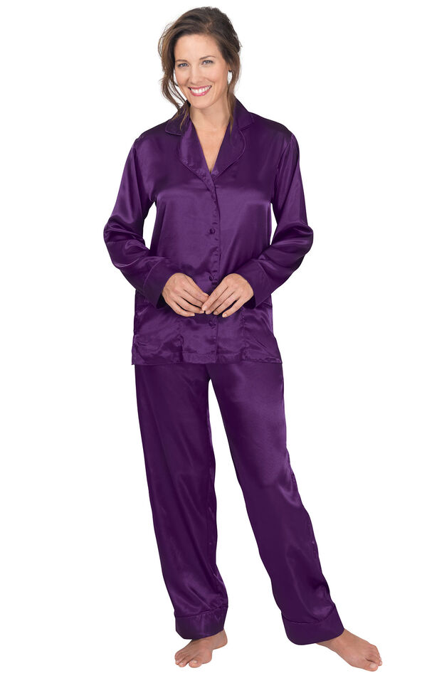 Model wearing Purple Satin Button-Front Pajamas for Women image number 0